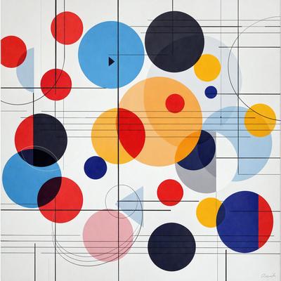 The primary subject of the image is a large, colorful painting featuring a variety of circles and dots. The setting is a white wall, and the visual style appears to be a combination of digital art and illustration. The painting is filled with vibrant colors, creating a lively and energetic atmosphere.